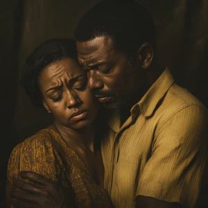 Generate an image of a poignant scene featuring an attractive African American couple, a man and woman, with expressions of sorrow and resignation as they emotionally prepare to go their separate ways.