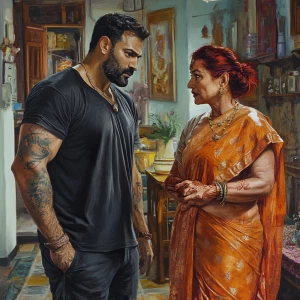 Realistic art ,A muscular tattoed sweaty employer man talking to...