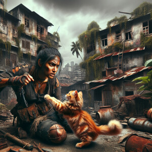 Woman fighting cute cat in last of us style