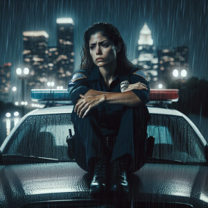 A police officer sitting on the hood of a patrol car, looking fo...