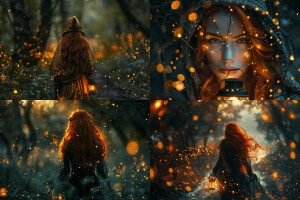 /imagine prompt: mysterious red-haired woman, cloaked and holdin...