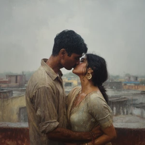 Realism,photo painting. a spacious terrace under overcast skies...