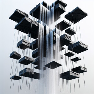 floating fountain waterfall made of black slate stone segments c...