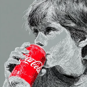 A digital painting depicting a boy drinking from a red "Coca-Col...