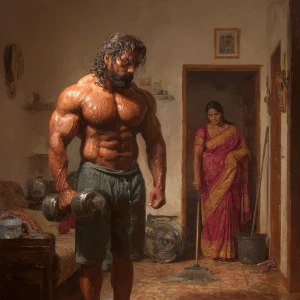 Hyperrealism digital painting ,a indian muscular beefy sweaty...