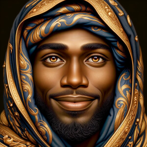 Create a African-American Jesus Christ with Hazel Brown eyes, wearing a blue and gold robe and a blue and gold head covering,He is smiling