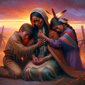 American Indian children hugging and healing their struggling Mo...