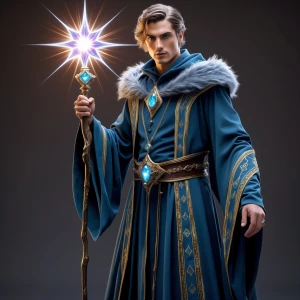 Create an image of an attractive male wizard wearing an elaborat...