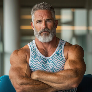 The image shows a white man with a beard , gray haired muscular...