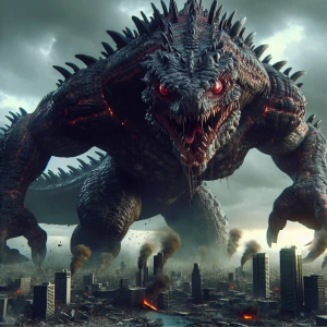 "Emerging from the depths, an enormous, menacing kaiju towers ov...