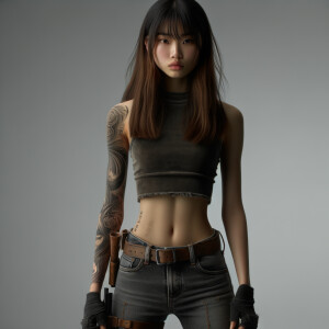 Thin Asian teen girl wearing tight jeans and a halter top Long brown hair and bangs, tattoos on her arms, athletic heroic pose