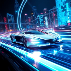 Depict a sleek, futuristic racecar speeding down a glowing high-...