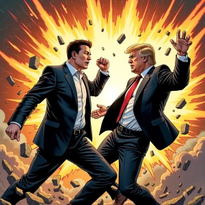 Elon Musk and Donald Trump in an intense comic book-style battle...