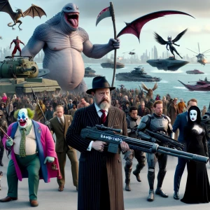 Pixar styled middle aged gaunt man on an island in pinstriped su...