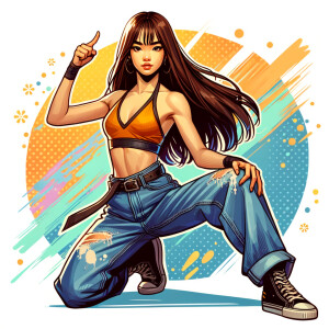 teenage girl, long brown hair and bangs, wearing tight skinny jeans and a halter top paint marks on her clothing, heroic pose Asian graffiti background, nearing on one knee