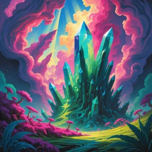 Amid an otherworldly landscape of swirling magentas and emerald...