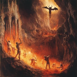 A scene depicting priests suffering in the fiery pits of Hell as...