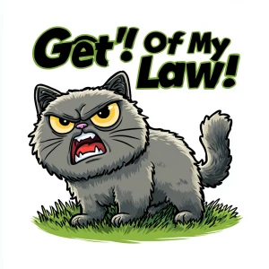 A grumpy cartoon-style cat standing on a lawn, fur fluffed up, o...