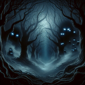 trees with grasping branches, glowing eyes in the shadows, and a...