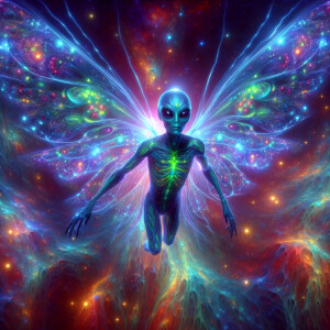 Capture a high-resolution image of a bioluminescent alien with i...