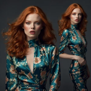 A stunningly beautiful redheaded woman exuding allure, adorned i...