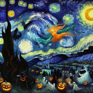 Create a Halloween-themed image inspired by Van Gogh's "Starry N...
