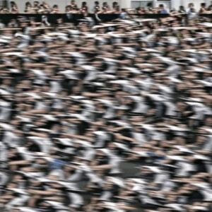 480p amateur video screengrab of a massive amount of students st...