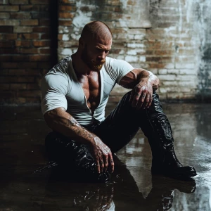 A bodybuilder man with a shaved head and a ginger beard sits in...