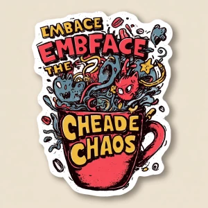 sticker design, hand-drawn coffee cup overflowing with swirling...