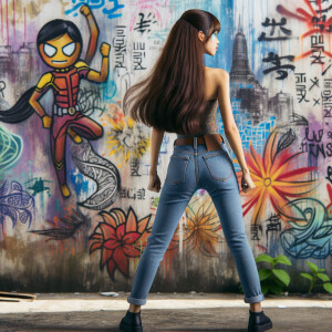 Attractive, Asian teenage girl, long brown hair and bangs, wearing tight skinny jeans and a halter top paint marks on her clothing, backside view heroic pose Asian graffiti