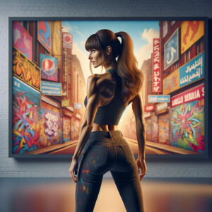 Athletic Thin skinny Attractive, Asian teenage girl, long brown hair and bangs, wearing tight skinny jeans and a halter top paint marks on her clothing, heroic pose Asian graffiti background, backside view