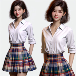 Photo of petite young woman wearing plad skirt and white shirt.