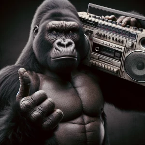 Gorilla turning on a boombox with its finger