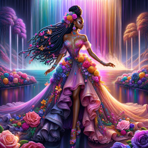 Remix Prompt
S/O Jackie Torres
S/O Panda Locke

create a animated style hyper realistic airbrush whimsical oil painting of a light African American woman wearing a flawless beautiful purple, pink, and gold blossom dress long flowing with colorful flowers and ruffles on the dress colorful jewelry made of flowers she has long black dreadlocks in a bun a colorful rose in her hair her peep toe shoes is matching her dress behind her is a beautiful waterfall liquid glowing lights beautiful colorful rainbow surrounded by beautiful roses.