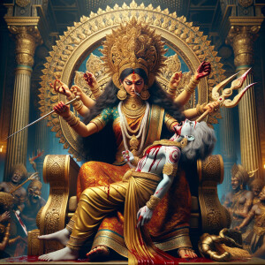 portrait of angry looking goddess durga, sitting on a gold crown and carrying a weak mahishasur on her lap and stabbing him with her amazingly designed trident. She is wearing gold armor, a huge gold crown, red saree, abundant gold jewelry, covered in blood. The scene is set in ancient India. The image is 8K resolution, cinematic, ultra detailed face and epic.