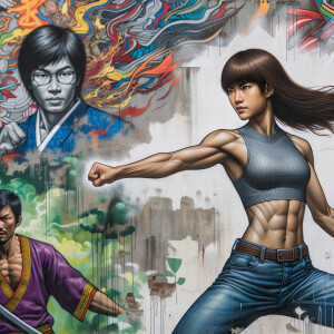 Athletic Thin skinny Attractive, Asian teenage girl, long brown hair and bangs, wearing tight skinny jeans and a halter top paint marks on her clothing, heroic pose Asian graffiti background