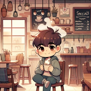Background Mai cafe cartoon boy with a tea
