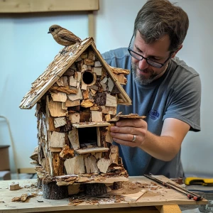 Give a me hot dad helping their child build a birdhouse that is...