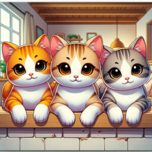 Three mischievous cats sitting on a ledge, looking at the camera...