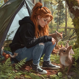 Create a photorealistic image of a woman with long ginger hair t...