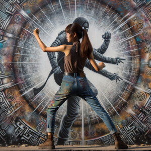 Attractive, Asian teenage girl, long brown hair and bangs, wearing tight skinny jeans and a halter top paint marks on her clothing, backside view heroic pose Asian graffiti