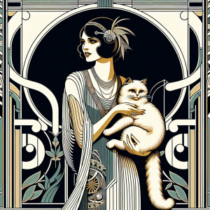 An erté type of drawing with the woman holding a cat