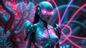 A strikingly futuristic Venusian figure, their sleek metallic su...