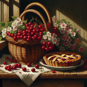 Create a very beautiful vignette of a basket filled with cherrie...