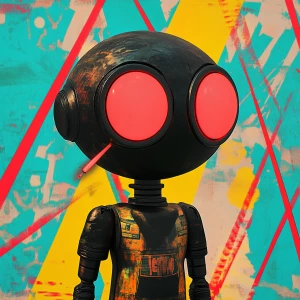 Labubu toy with red lasers from eyes eyes, blank stare, in the s...