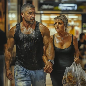 Photorealism painting.A muscular, sweaty man walking with his 43...