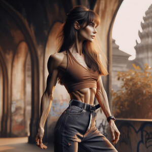 Athletic Thin skinny Attractive, Asian teenage girl, long brown hair and bangs, wearing tight skinny jeans and a halter top paint marks on her clothing, heroic pose Asian graffiti background, side view