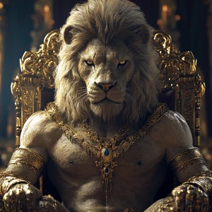 Create a photorealistic 3D image of a majestic man-lion hybrid, featuring an expansive mane and exceptionally well-defined, oversized muscles. Adorn this regal creature with intricate jewelry and gold embellishments, and depict it seated on a throne. Aim for 8K UHD resolution, extreme professional detail, and a composition that is both visually stunning and captivating.