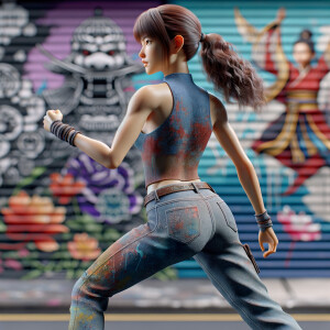 Athletic Thin skinny Attractive, Asian teenage girl, long brown hair and bangs, wearing tight skinny jeans and a halter top paint marks on her clothing, heroic pose Asian graffiti background, backside view