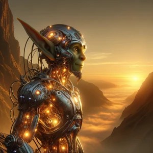 In the soft golden light of dusk, a technologically advanced gob...